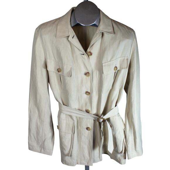 Lauren Ralph Linen Silk Utility Jacket Women Large Beige Button Front Pockets - Picture 1 of 5